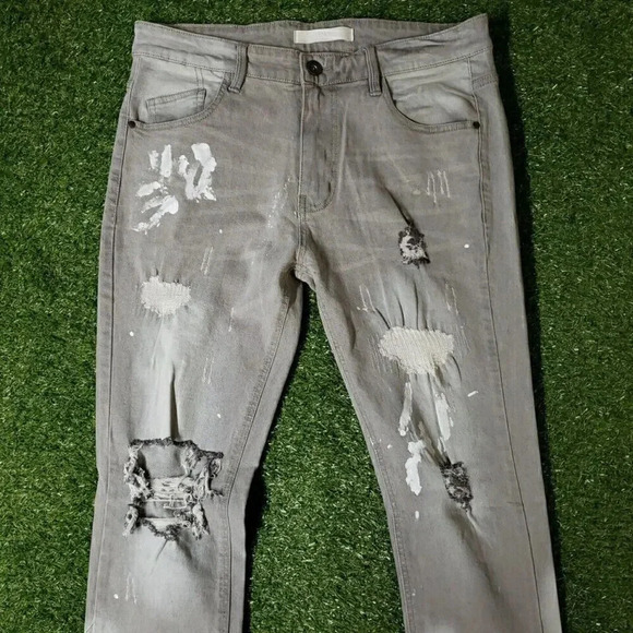 KDNK 11 4 14 11 Jeans Men 34 Gray Bleach Splatter Zip Leg Ripped Distressed - Picture 3 of 9